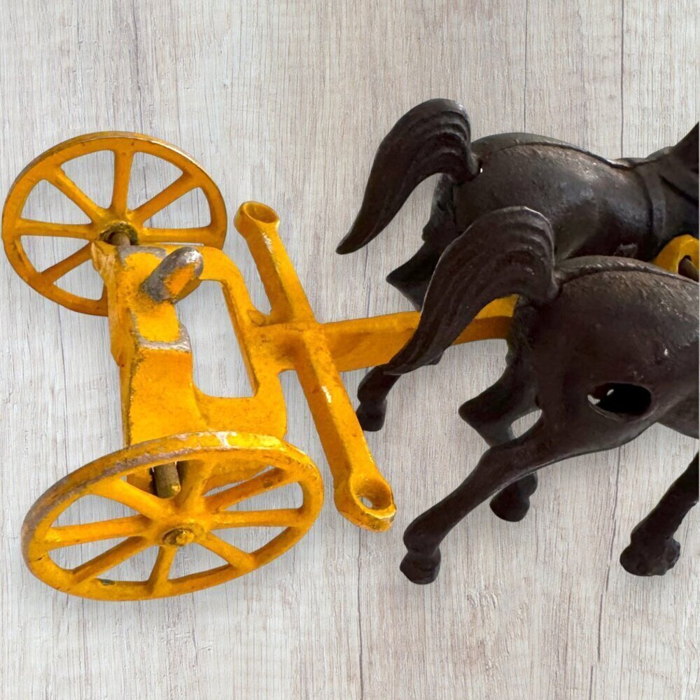 Vintage Cast Iron Horse Drawn Wagon Toy Carriage Made in USA Yellow Base - Picture 9 of 9